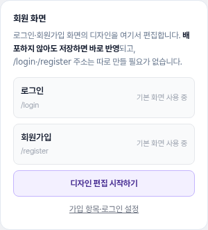 사이트 상세의 회원 화면 카드, 로그인과 회원가입 주소와 디자인 편집 시작하기 버튼