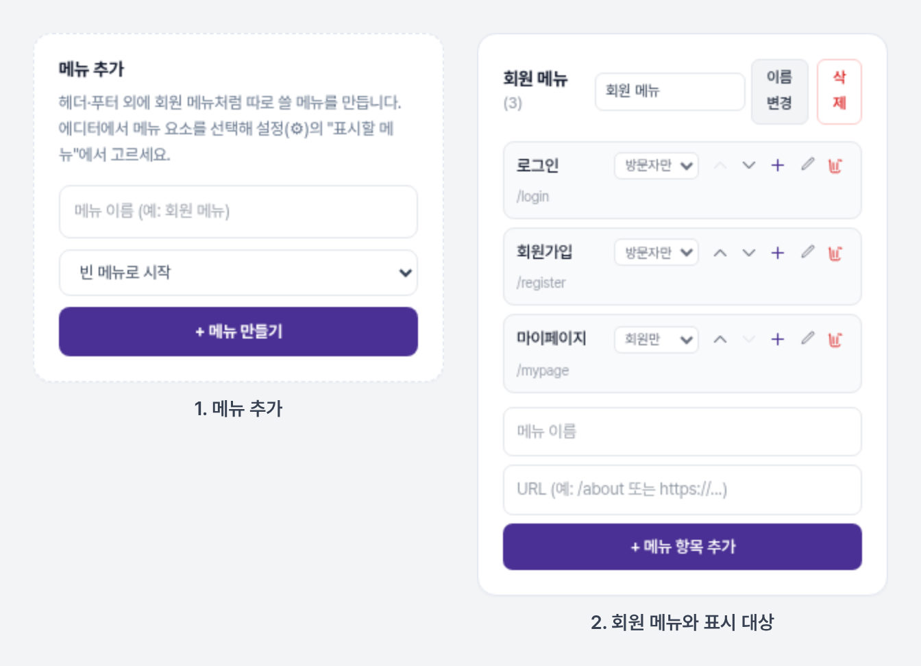 사이트 상세의 메뉴 추가 카드와 회원 메뉴 패널, 항목마다 모두·방문자만·회원만을 고른다