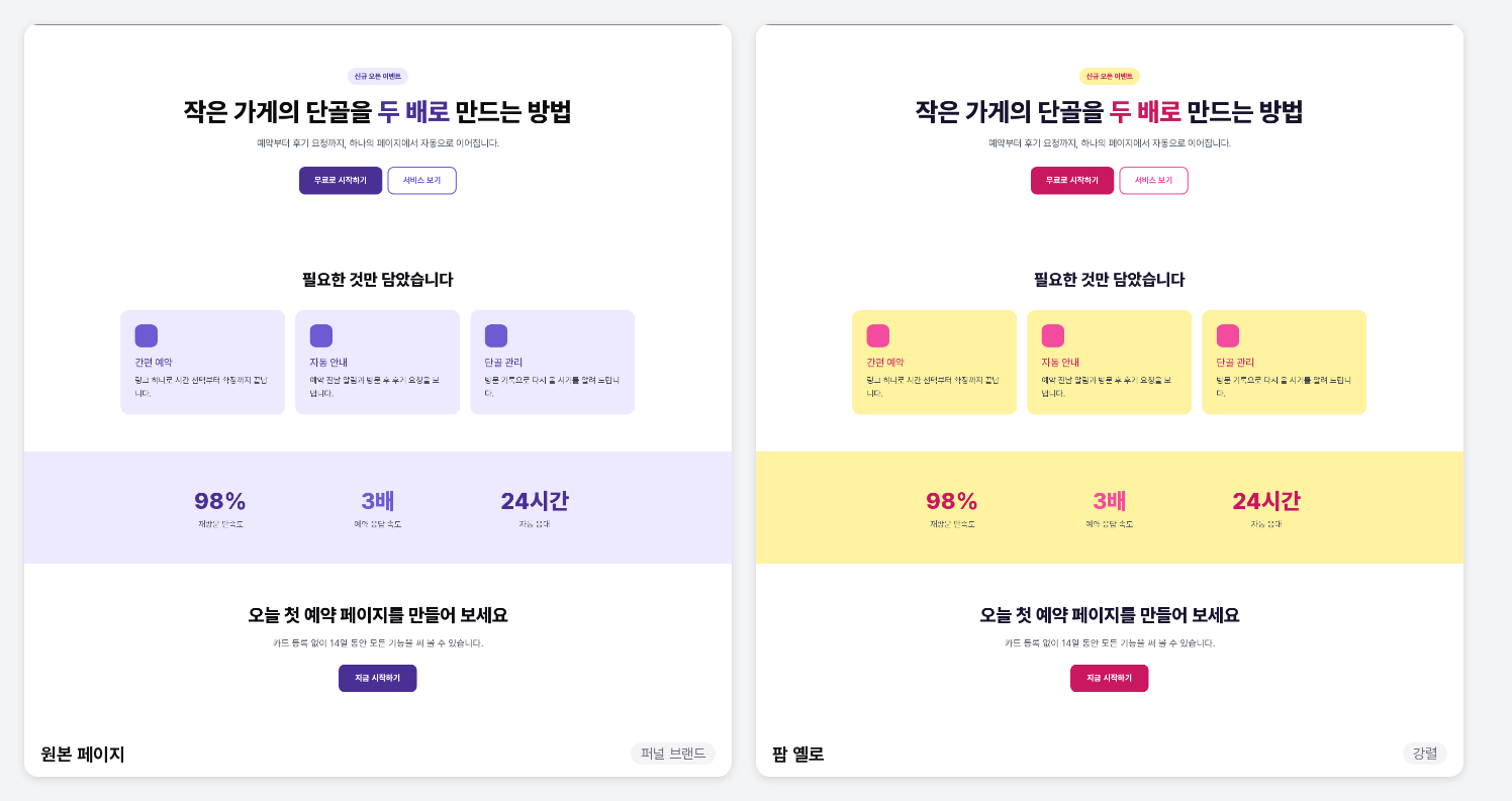 보라색 계열의 원본 페이지와 팝 옐로 팔레트를 적용한 같은 페이지를 나란히 비교한 화면, 버튼과 강조 글자는 진분홍색으로 카드와 통계 띠는 노란색으로 바뀌었다