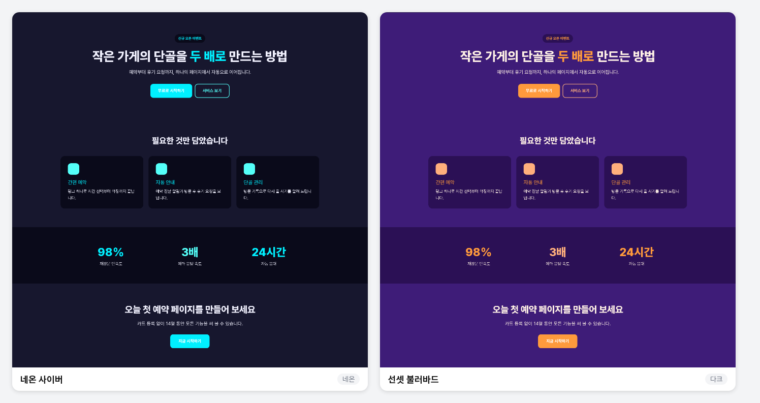 같은 페이지에 네온 사이버 팔레트와 선셋 불러바드 팔레트를 각각 적용한 화면을 나란히 놓은 비교 이미지, 둘 다 배경이 어둡게 바뀌었다