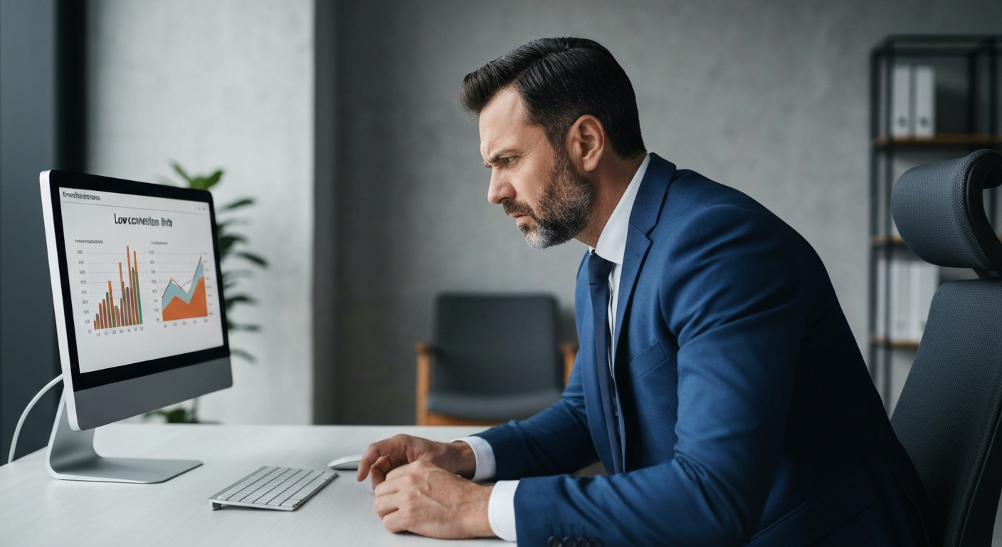 A frustrated business executive looking at low conversion rate charts on a computer screen in a modern office