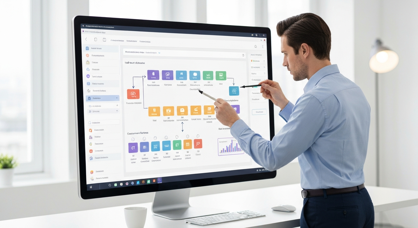 A professional marketer designing an automated sales funnel workflow on a large monitor using a drag and drop interface
