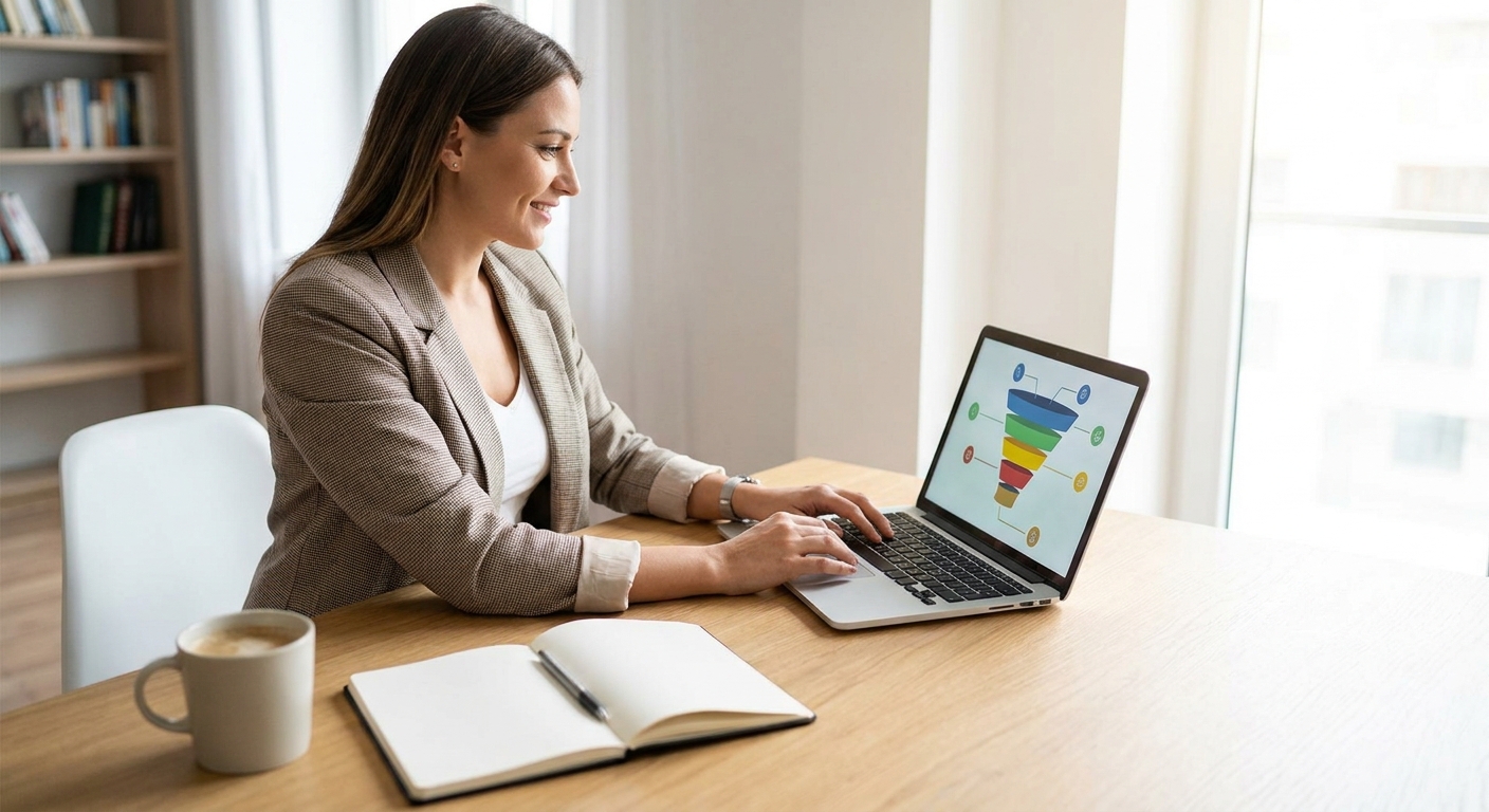 Entrepreneur working confidently at a clean desk with a laptop displaying a sales funnel diagram, a cup of coffee, and a notebook, bright natural light, no text overlay, no watermark, photorealisti...