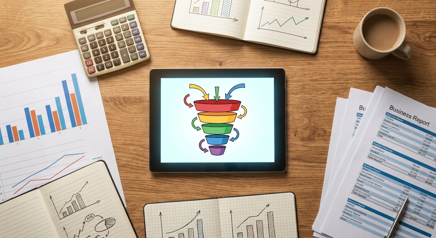 Digital marketing funnel illustration on a tablet screen, surrounded by graphs, a calculator, and business documents on a wooden table, representing growth and strategy, no text overlay, no waterma...